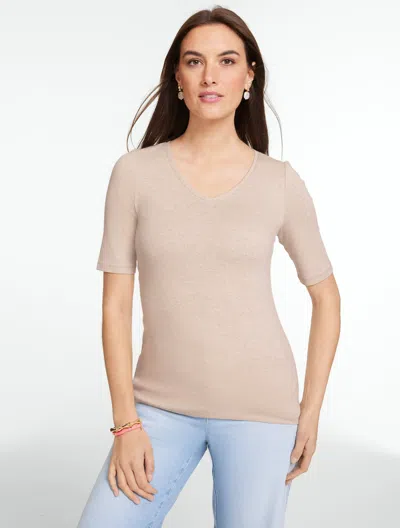 Talbots Plus Petite - Elbow Sleeve V-neck T-shirt - Sesame Heather - 3x - 100% Cotton