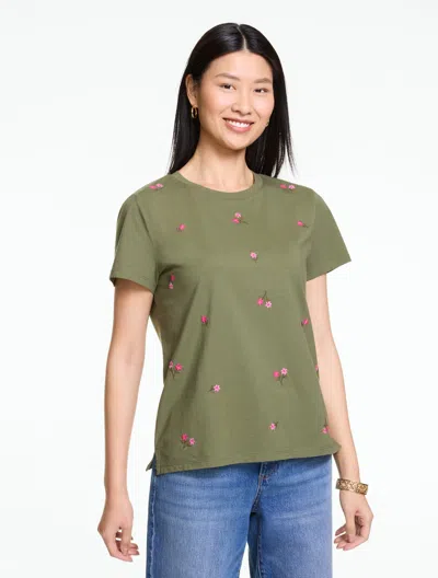 Talbots Plus Petite - Embroidered Crewneck T-shirt - Tossed Flowers - Olive Leaf - 3x - 100% Cotton  In Green