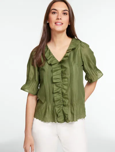 Talbots Plus Petite - Embroidered Eyelet Ruffle Top - Olive Leaf - 3x  In Green