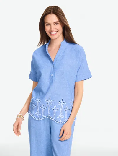 Talbots Plus Petite - Embroidered Linen Top - Cornflower Blue/white - 3x