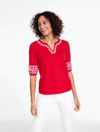 Talbots Plus Petite - Embroidered Split Neck Top - 2x - 100% Cotton  In Red