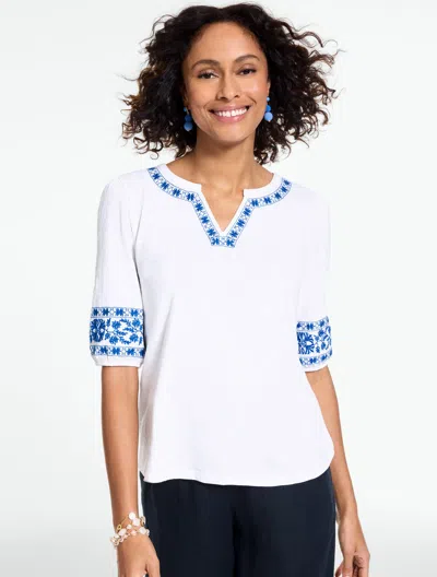 Talbots Plus Petite - Embroidered Split Neck Top - White - 1x - 100% Cotton