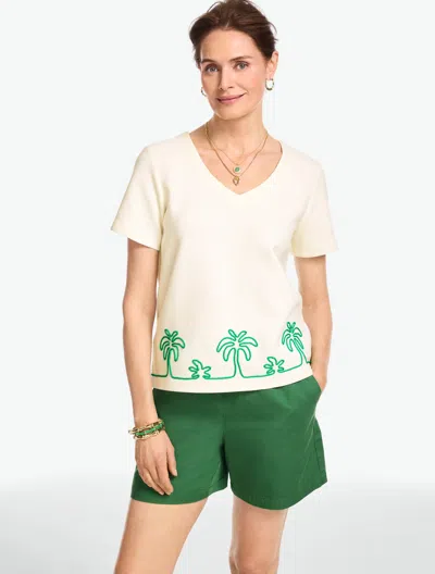 Talbots Plus Petite - Embroidered V-neck T-shirt - Ivory - 3x  In White