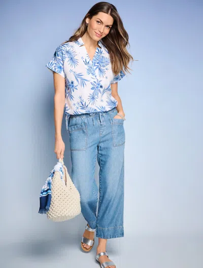 Talbots Plus Petite - Extended Shoulder Linen Popover Shirt - Painted Palms - Shore Blue - 3x