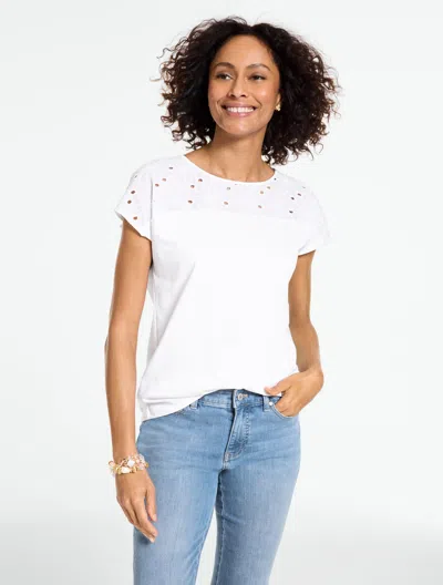 Talbots Plus Petite - Eyelet Shoulder Crewneck T-shirt - White - 1x - 100% Cotton
