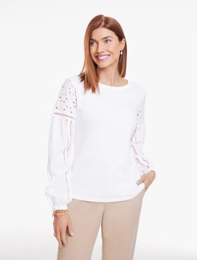Talbots Plus Petite - Eyelet Sleeve Mixed Media Top - White - 3x
