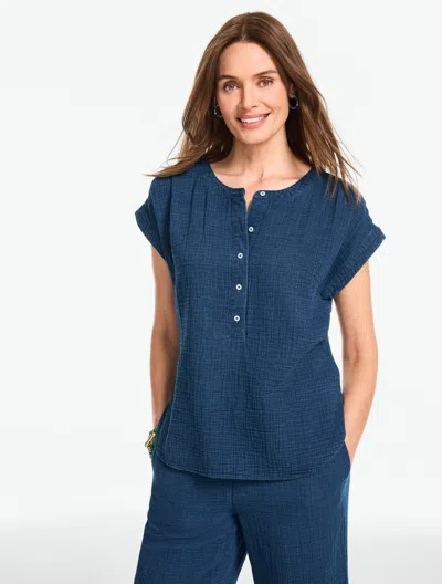 Talbots Plus Petite - Gauze Band Collar Popover Shirt - Indigo - Darker Medium Wash - 3x  In Blue