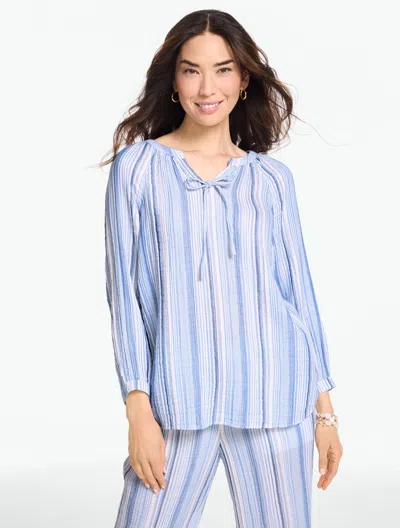 Talbots Plus Petite - Gauze Band Collar Popover Shirt - Seaport Stripe - Blue Ribbon - 2x