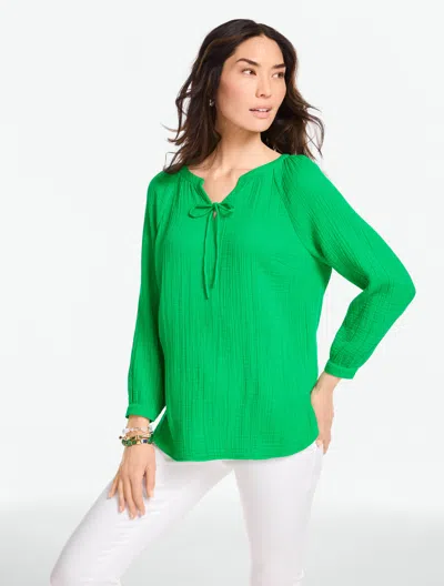 Talbots Plus Petite - Gauze Band Collar Popover Shirt - Solid - Bright Green - 1x