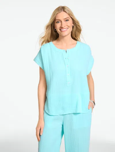 Talbots Plus Petite - Gauze Band Collar Popover Shirt - Turquoise Blue - X