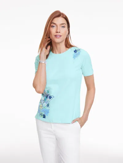 Talbots Plus Petite - High-low Crewneck T-shirt - Flower Bloom - Sea Salt Blue - 1x - 100% Cotton