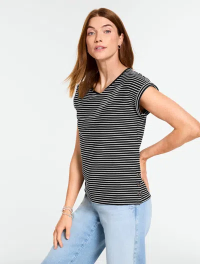 Talbots Plus Petite - Jacquard Side Button T-shirt - Katie Stripe - Black/white - 2x  In Multi