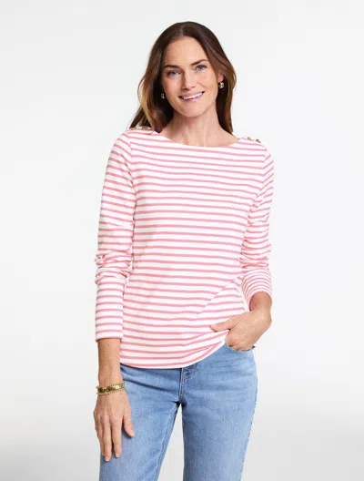 Talbots Plus Petite - Knot Button Shoulder T-shirt - Aisling Stripe - White/pink Guava - 1x - 100% Cotton Ta