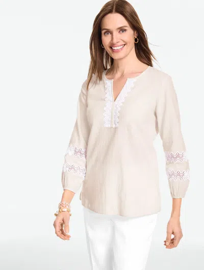 Talbots Plus Petite - Lace Trim Linen Blend Top - Beige/white - 2x  In Neutral