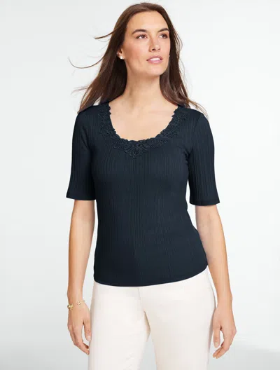 Talbots Plus Petite - Lace Trim V-neck Ribbed Top - Blue - 3x