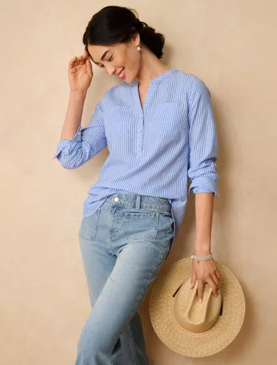Talbots Plus Petite - Linen Camp Shirt - Majestic Stripe - Shore Blue/white - X