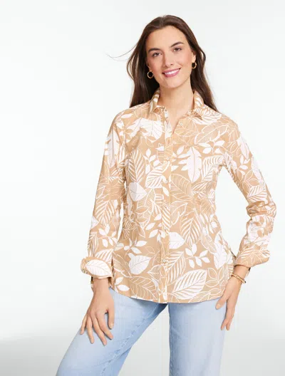 Talbots Plus Petite - Modern Classic Shirt - Bicolor Leaves - Tan/white - X - 100% Cotton