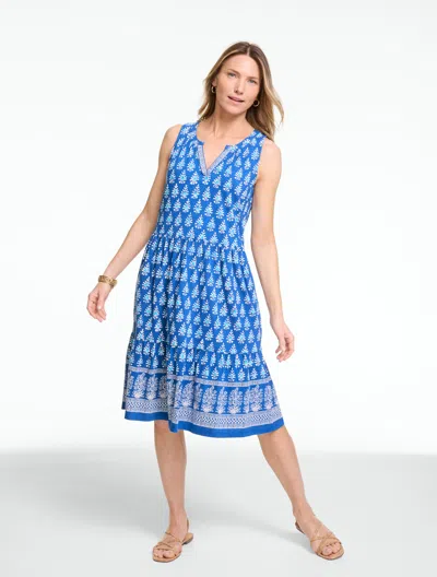 Talbots Plus Petite - Nantucket Slub Sleeveless Tiered Dress - Woodblock Medallion - Catalina Blue - 2x Talb
