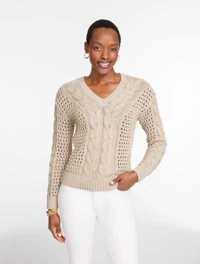Talbots Plus Petite - Open Stitch Cable V-neck Pullover Sweater - Oat - 3x  In Brown