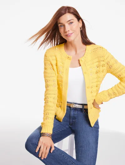 Talbots Plus Petite - Open Stitch Crewneck Cardigan Sweater - Daisy - 1x  In Yellow