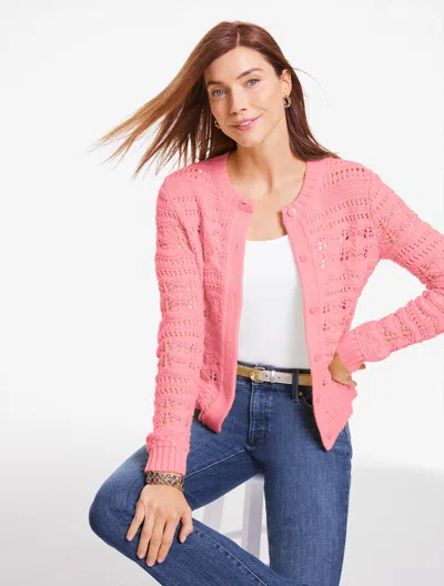 Talbots Plus Petite - Open Stitch Crewneck Cardigan Sweater - Pink Guava - 3x
