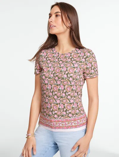 Talbots Plus Petite - Pima Short Sleeve Crewneck T-shirt - Floral Vines - Olive Leaf - 2x  In Green