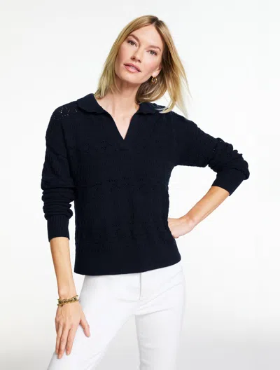 Talbots Plus Petite - Pointelle Johnny Collar Sweater - Blue - 1x