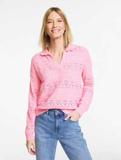 Talbots Plus Petite - Pointelle Johnny Collar Sweater - Marl - Pink Guava/white - 2x