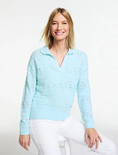 Talbots Plus Petite - Pointelle Johnny Collar Sweater - Marl - Sea Salt Blue/white - 2x