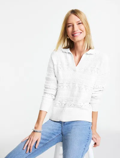 Talbots Plus Petite - Pointelle Johnny Collar Sweater - White - 3x