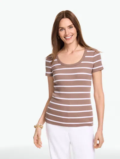 Talbots Plus Petite - Ribbed Scoop Neck T-shirt - West Stripe - Branch/white - 3x
