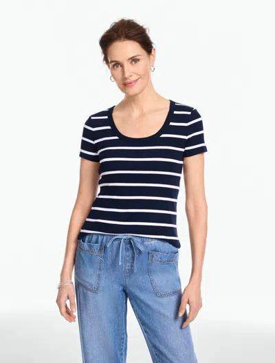 Talbots Plus Petite - Ribbed Scoop Neck T-shirt - West Stripe - Indigo/white - 2x  In Multi
