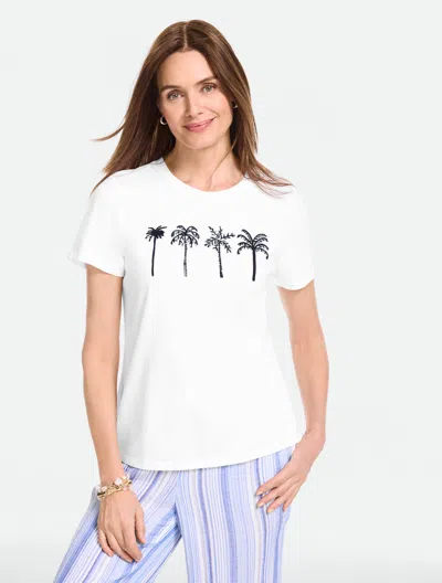 Talbots Plus Petite - Short Sleeve Crewneck T-shirt - Beaded Palm - White - 3x - 100% Cotton