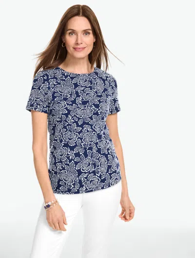Talbots Plus Petite - Short Sleeve Crewneck T-shirt - Capri Rose - Ink/white - 2x  In Blue