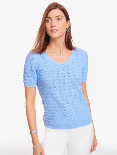 Talbots Plus Petite - Short Sleeve V-neck Pullover Sweater - Vista Blue Heather - 3x