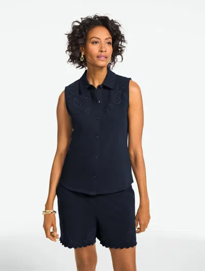 Talbots Plus Petite - Sleeveless Eyelet Button Front Top - Blue - 3x - 100% Cotton