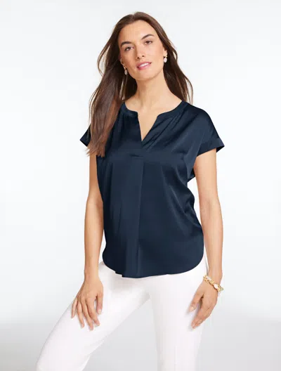 Talbots Plus Petite - Soft Satin Charmeuse Split Neck Top - Blue - 3x