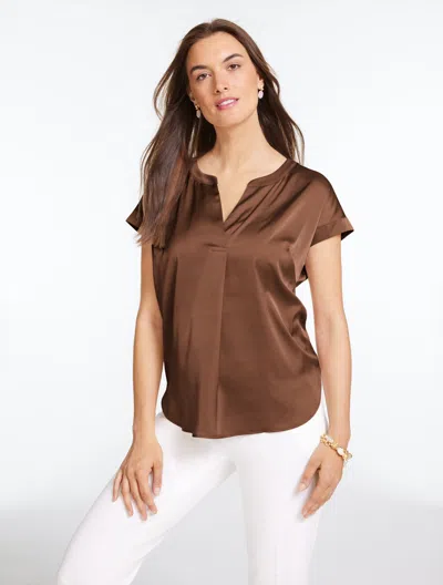 Talbots Plus Petite - Soft Satin Charmeuse Split Neck Top - Dark Walnut - 3x  In Brown