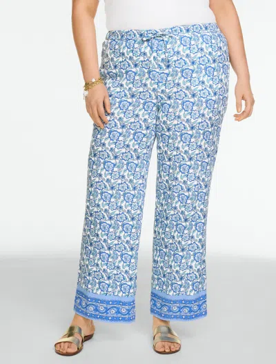 Talbots Plus Petite - Straight Leg Pull-on Pants - Floral Vines - White/shore Blue - 2x