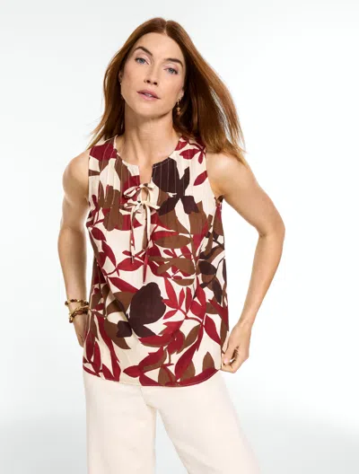 Talbots Plus Petite - Tie Neck Pintuck Shell Sweater - Bunched Foliage - Sangria - 3x - 100% Cotton  In Red