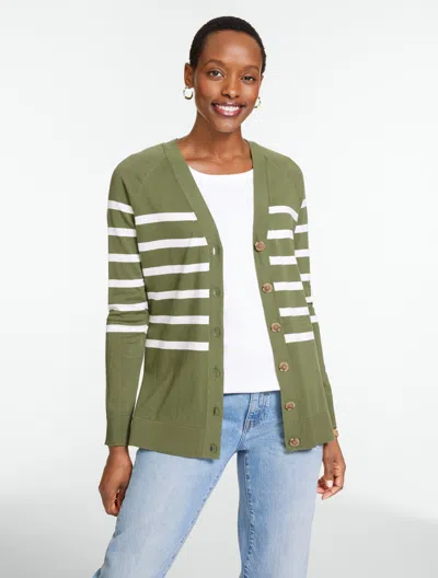 Talbots Plus Petite - V-neck Girlfriend Cardigan Sweater - Stripe - Olive Leaf - 3x  In Green