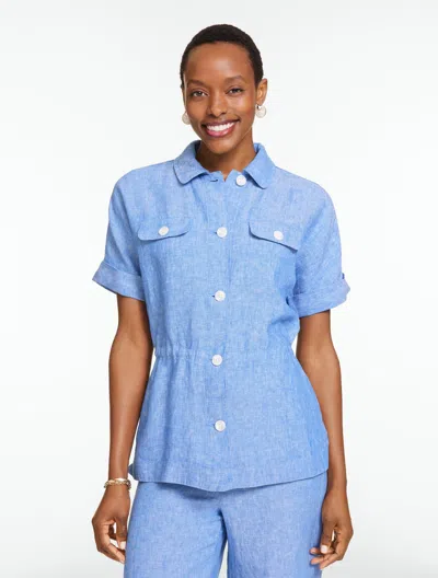 Talbots Plus Petite - Washed Linen Cinched Shirt Jacket - Cornflower Blue/white - 3x