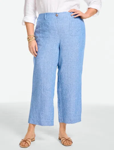 Talbots Plus Petite - Washed Linen Wide Crop Patch Pocket Pants - Cross-dyed - Cornflower/white - 22