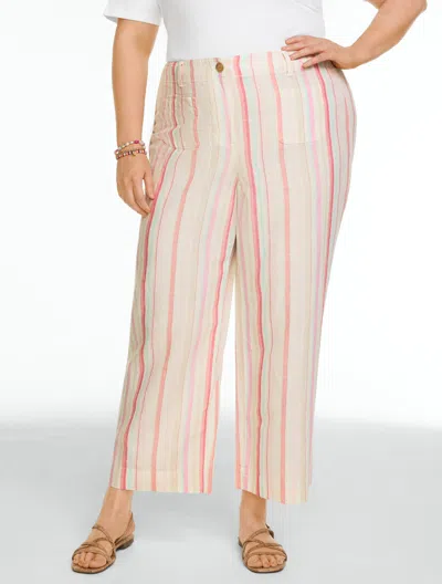 Talbots Plus Petite - Washed Linen Wide Crop Patch Pocket Pants - Sweet Stripe - Ivory - 22  In White
