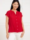 Talbots Plus Size - Band Collar Button Front Top - Red - 2x