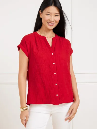 Talbots Plus Size - Band Collar Button Front Top - Red - 2x