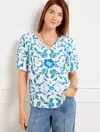 Talbots Petite - Beautiful Scroll Floral Top - White/lakeside Blue - Large  In White,lakeside Blue