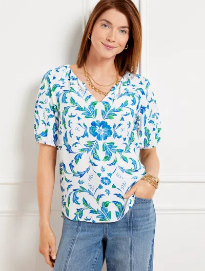 Talbots Petite - Beautiful Scroll Floral Top - White/lakeside Blue - Large  In White,lakeside Blue