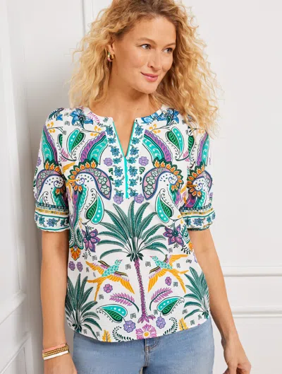 Talbots Petite - Birds & Palms Popover Shirt - White - 2xs - 100% Cotton