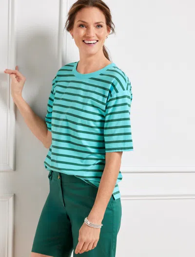 Talbots Boxy Crewneck T-shirt - Park Stripe - Vivid Turquoise/green - Xl  In Vivid Turquoise,green